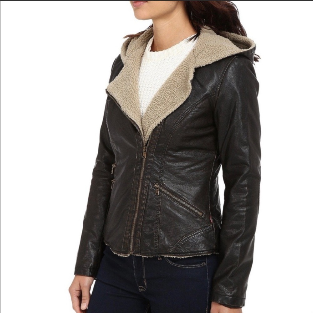 Levi's Asymmetrical Faux Leather Hooded Moto W/ Sherpa Women's Jacket